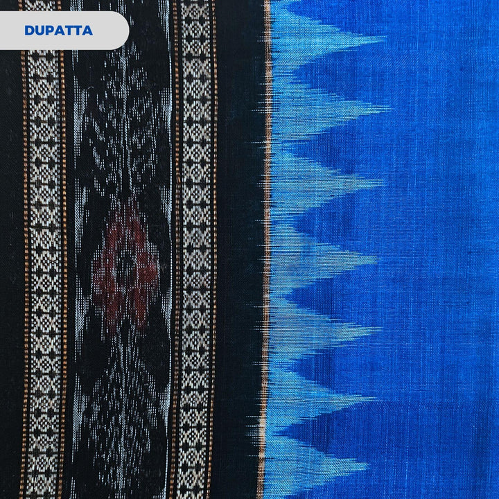 Sambalpuri Pure Cotton | Dress Set (3 Pieces) - Copper Sulphate and Black - Taalapatra