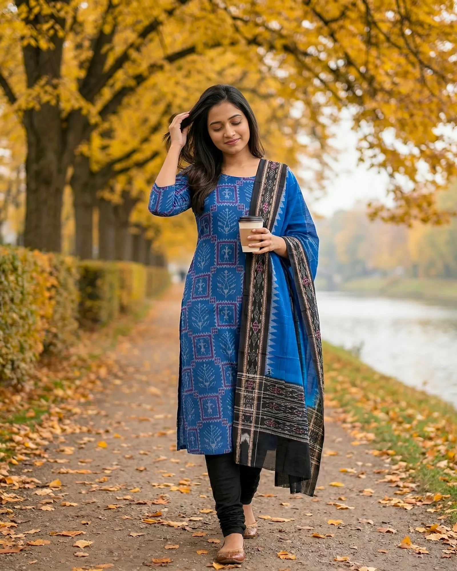 Sambalpuri Pure Cotton | Dress Set (3 Pieces) - Copper Sulphate and Black