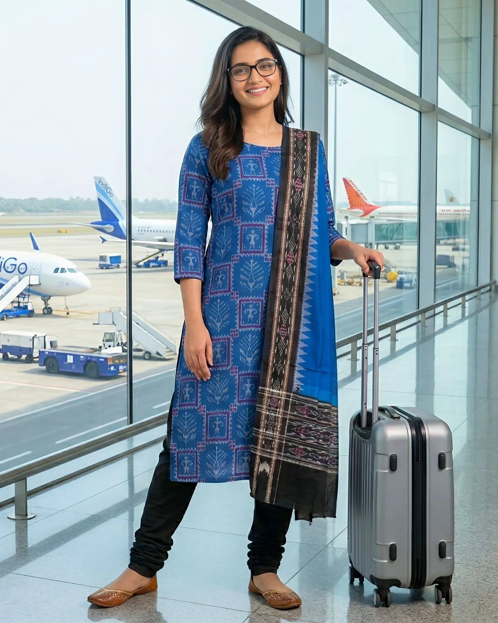 Sambalpuri Pure Cotton | Dress Set (3 Pieces) - Copper Sulphate and Black