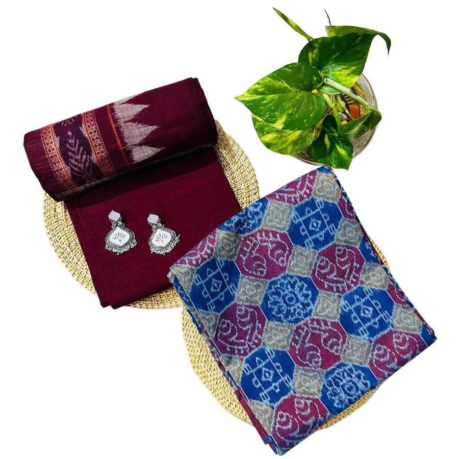 Sambalpuri Pure Cotton | Dress Set (3 Pieces) - Maroon and Multicolour Mix Art - Taalapatra