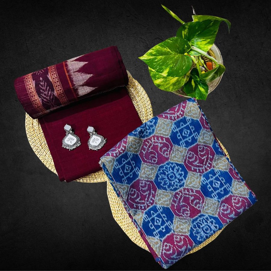 Sambalpuri Pure Cotton | Dress Set (3 Pieces) - Maroon and Multicolour Mix Art - Taalapatra