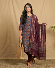 Sambalpuri Pure Cotton | Unstitched Dress Set (3 Pieces) - Maroon and Multicolour Mix Art