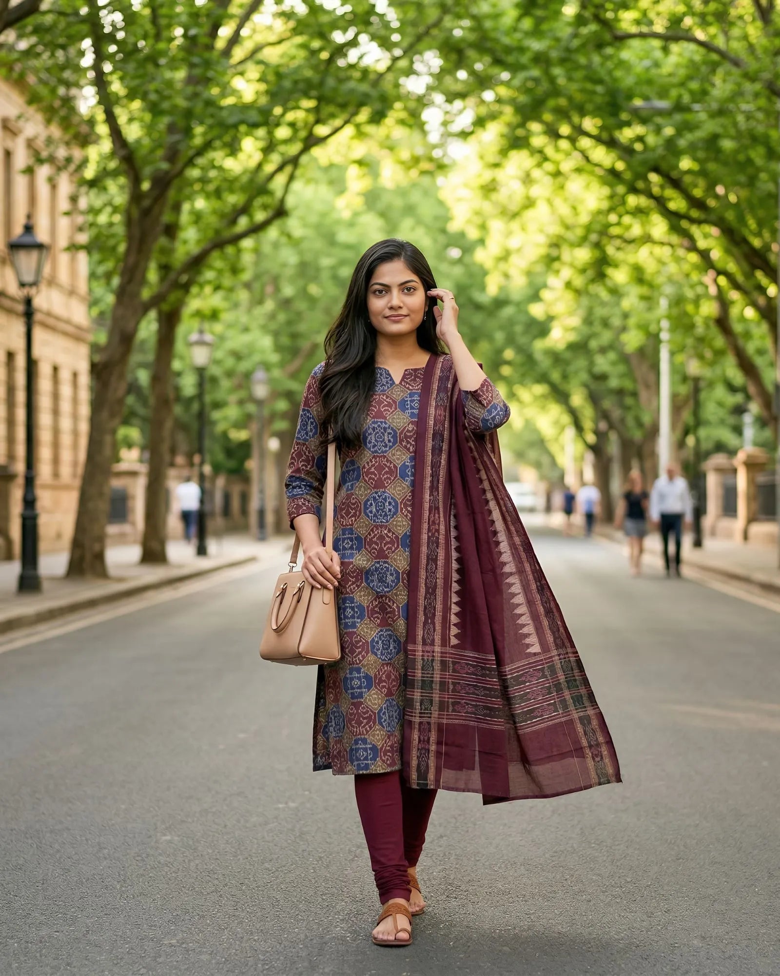 Sambalpuri Pure Cotton | Unstitched Dress Set (3 Pieces) - Maroon and Multicolour Mix Art