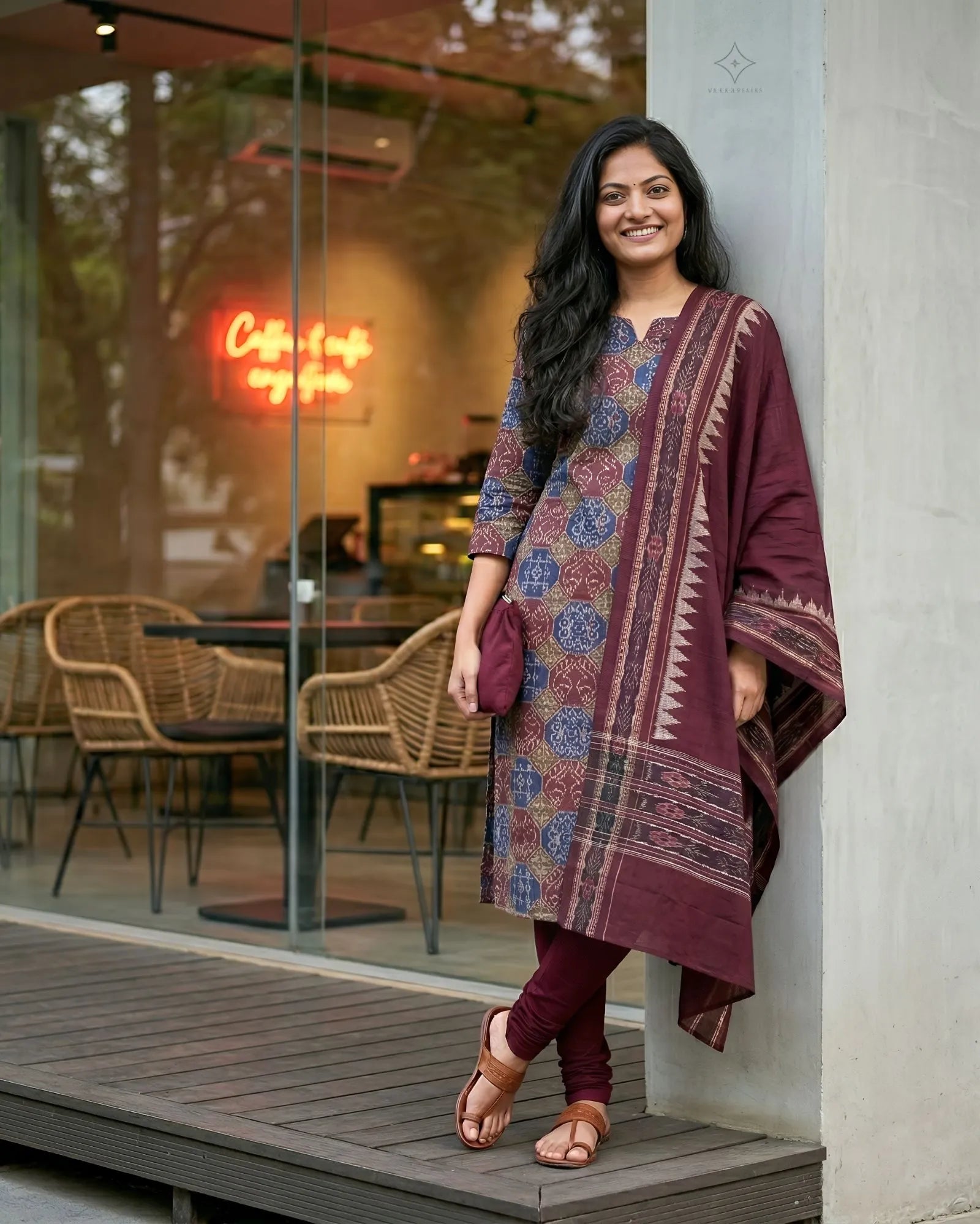 Sambalpuri Pure Cotton | Unstitched Dress Set (3 Pieces) - Maroon and Multicolour Mix Art