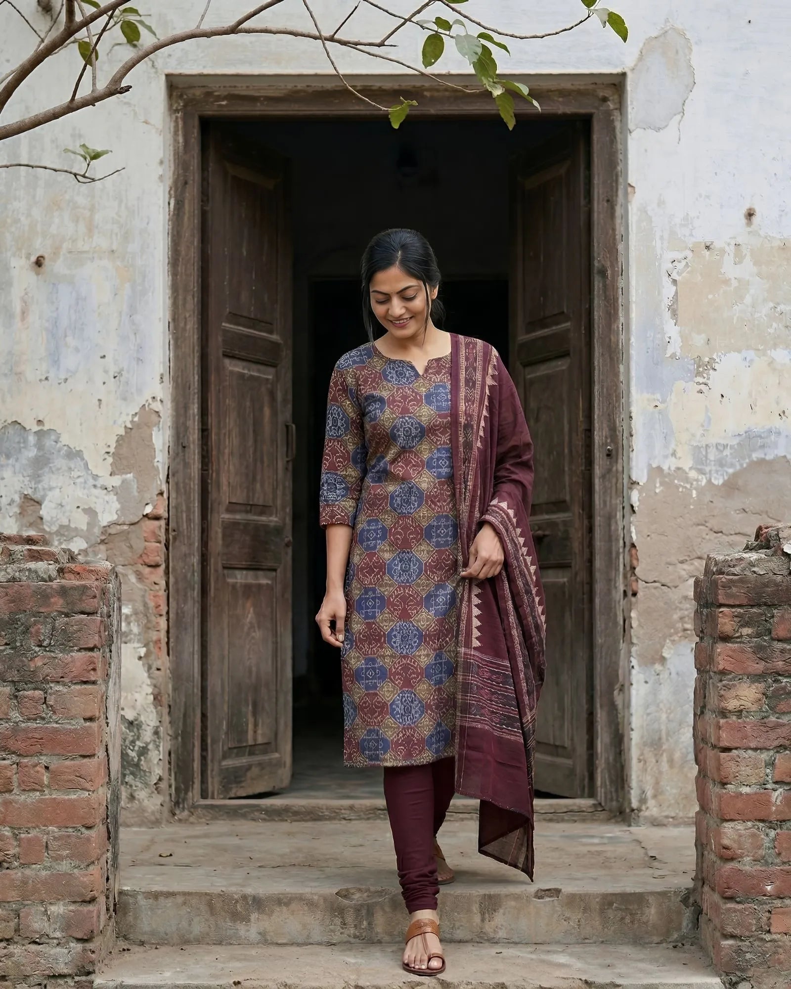 Sambalpuri Pure Cotton | Unstitched Dress Set (3 Pieces) - Maroon and Multicolour Mix Art