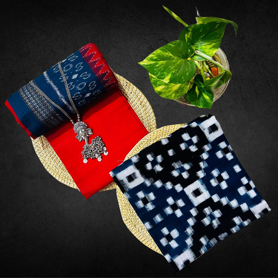 Sambalpuri Pure Cotton | Dress Set (3 Pieces) - Blue and Red - Taalapatra