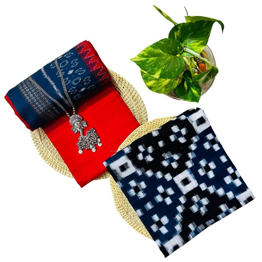 Sambalpuri Pure Cotton | Dress Set (3 Pieces) - Blue and Red - Taalapatra