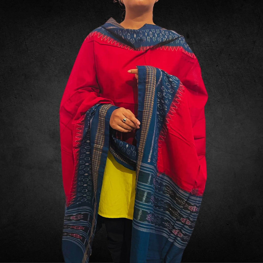 Sambalpuri Pure Cotton | Dress Set (3 Pieces) - Blue and Red - Taalapatra