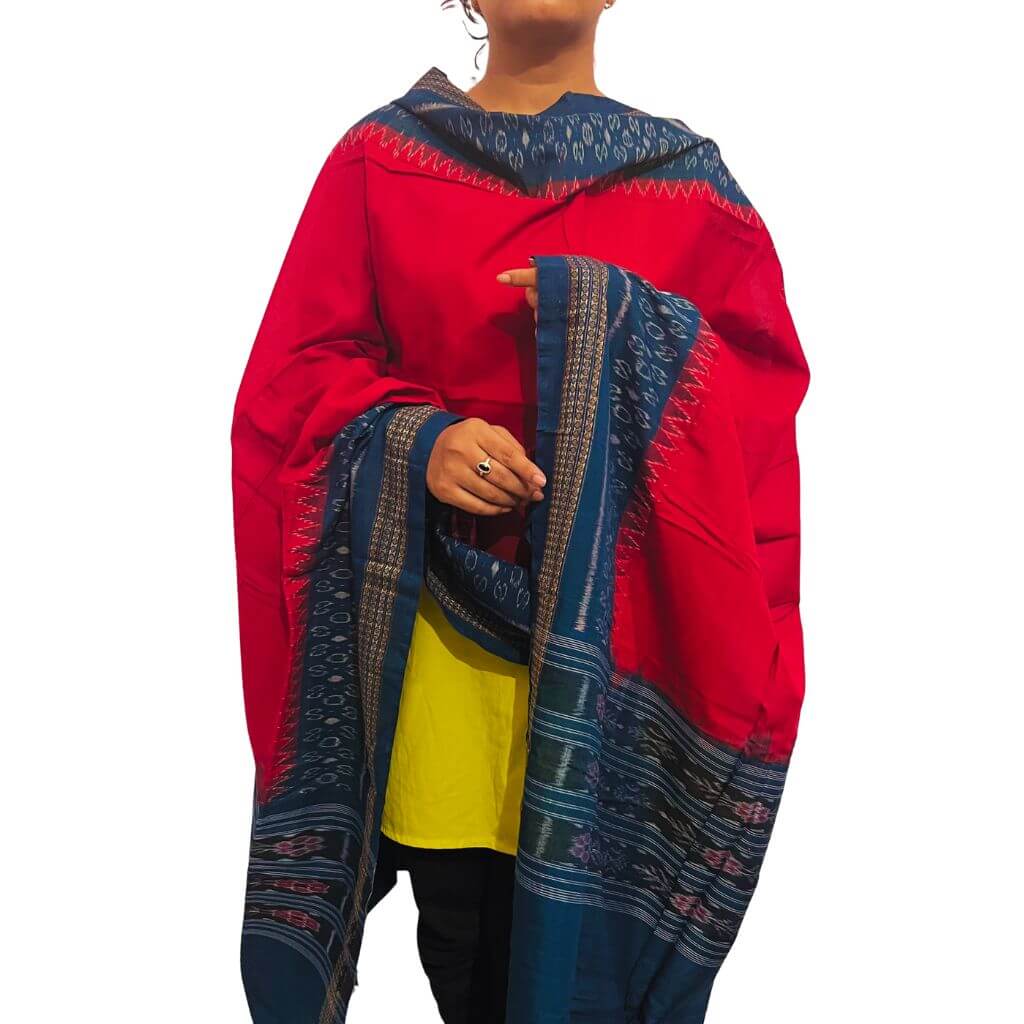 Sambalpuri Pure Cotton | Dress Set (3 Pieces) - Blue and Red - Taalapatra Vibes