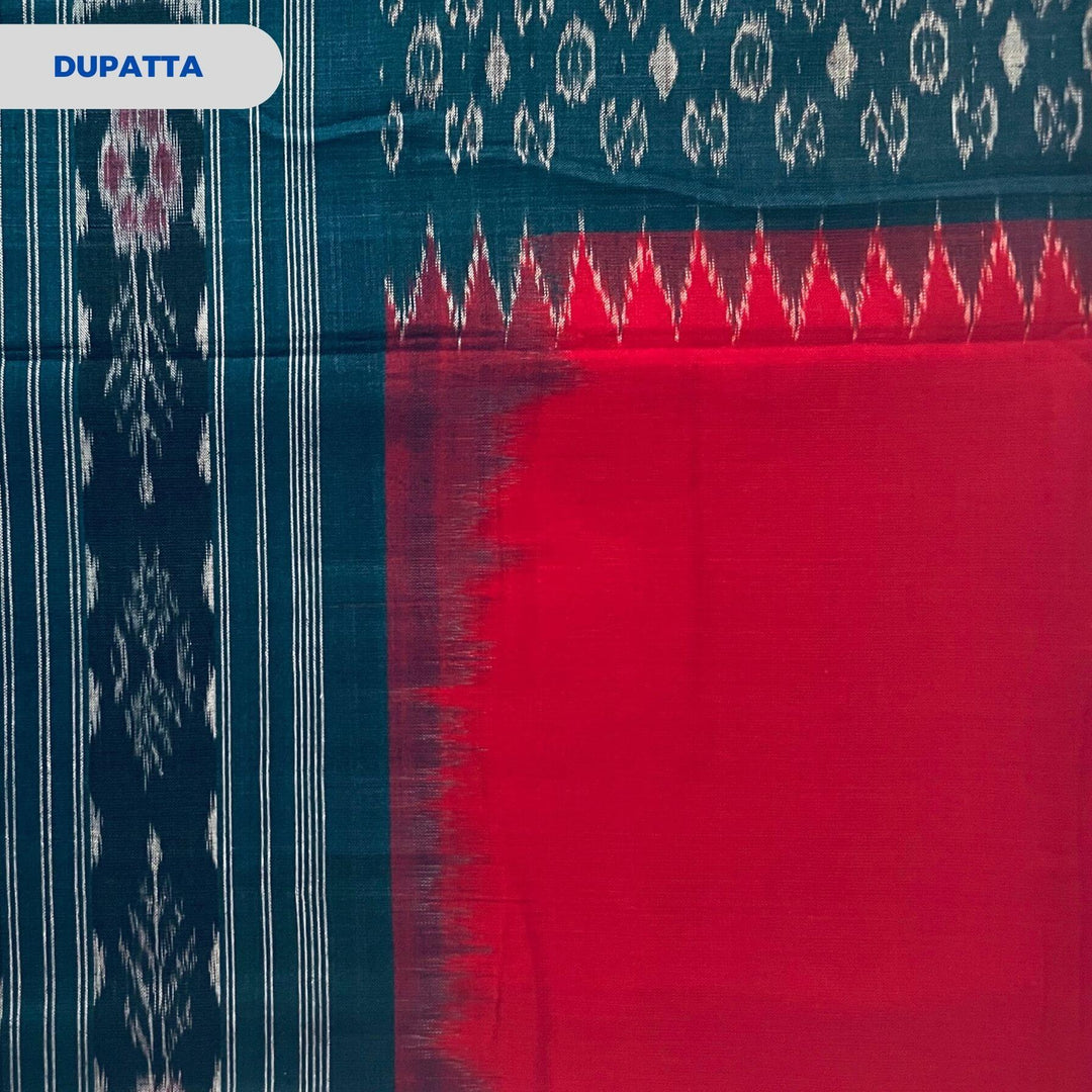 Sambalpuri Pure Cotton | Dress Set (3 Pieces) - Blue and Red - Taalapatra