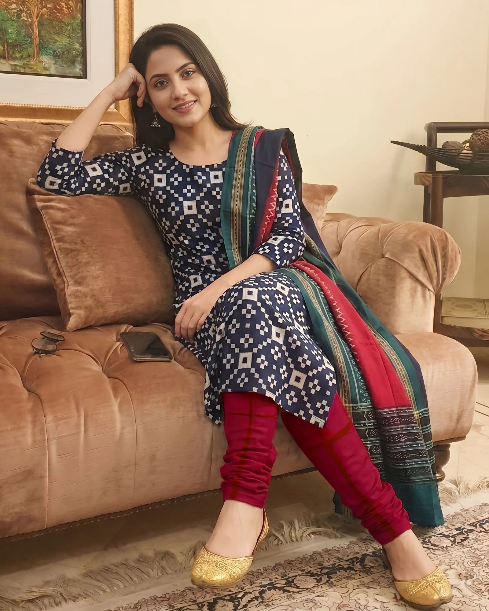 Sambalpuri Pure Cotton | Unstitched Dress Set (3 Pieces) - Blue and Red