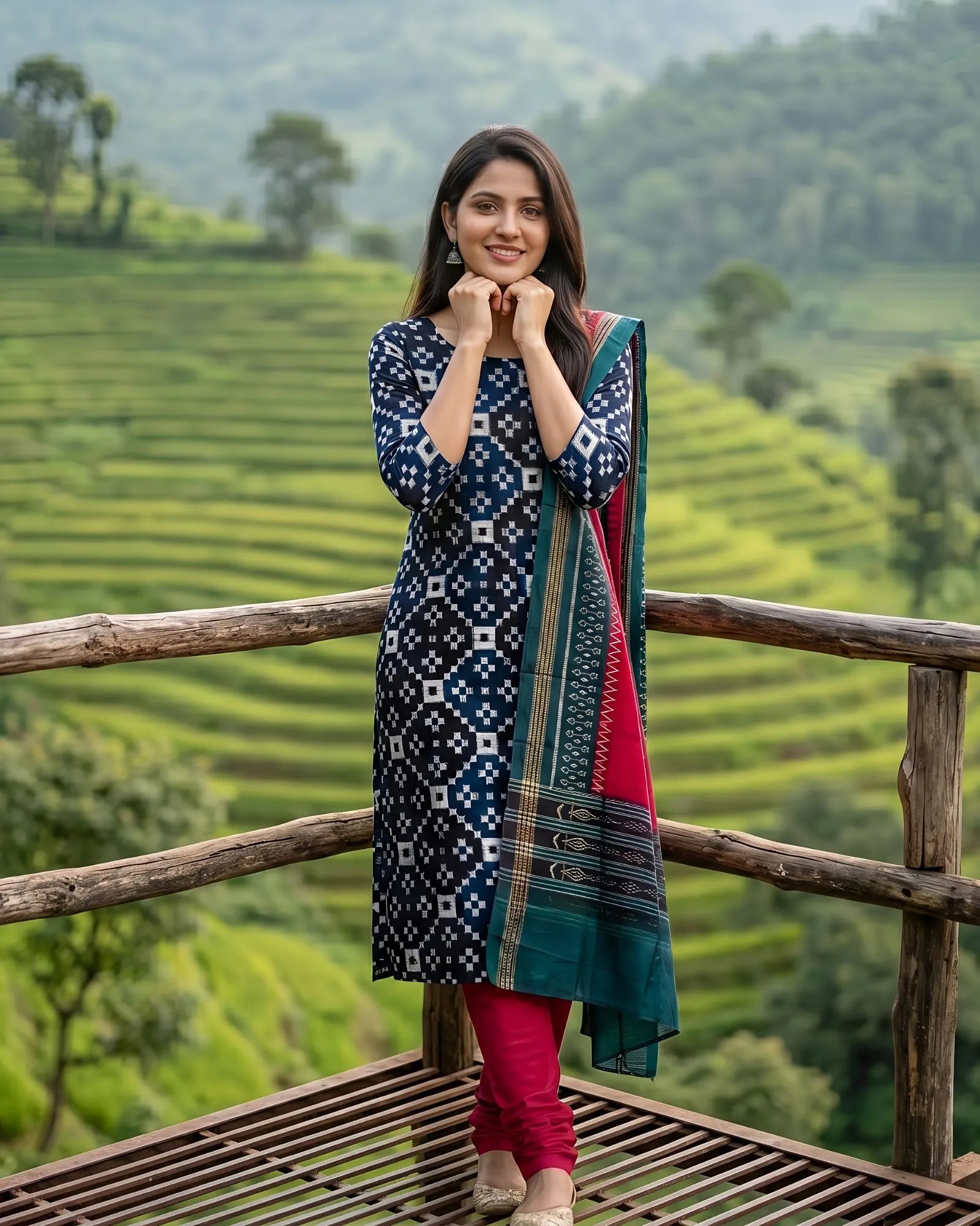 Sambalpuri Pure Cotton | Unstitched Dress Set (3 Pieces) - Blue and Red
