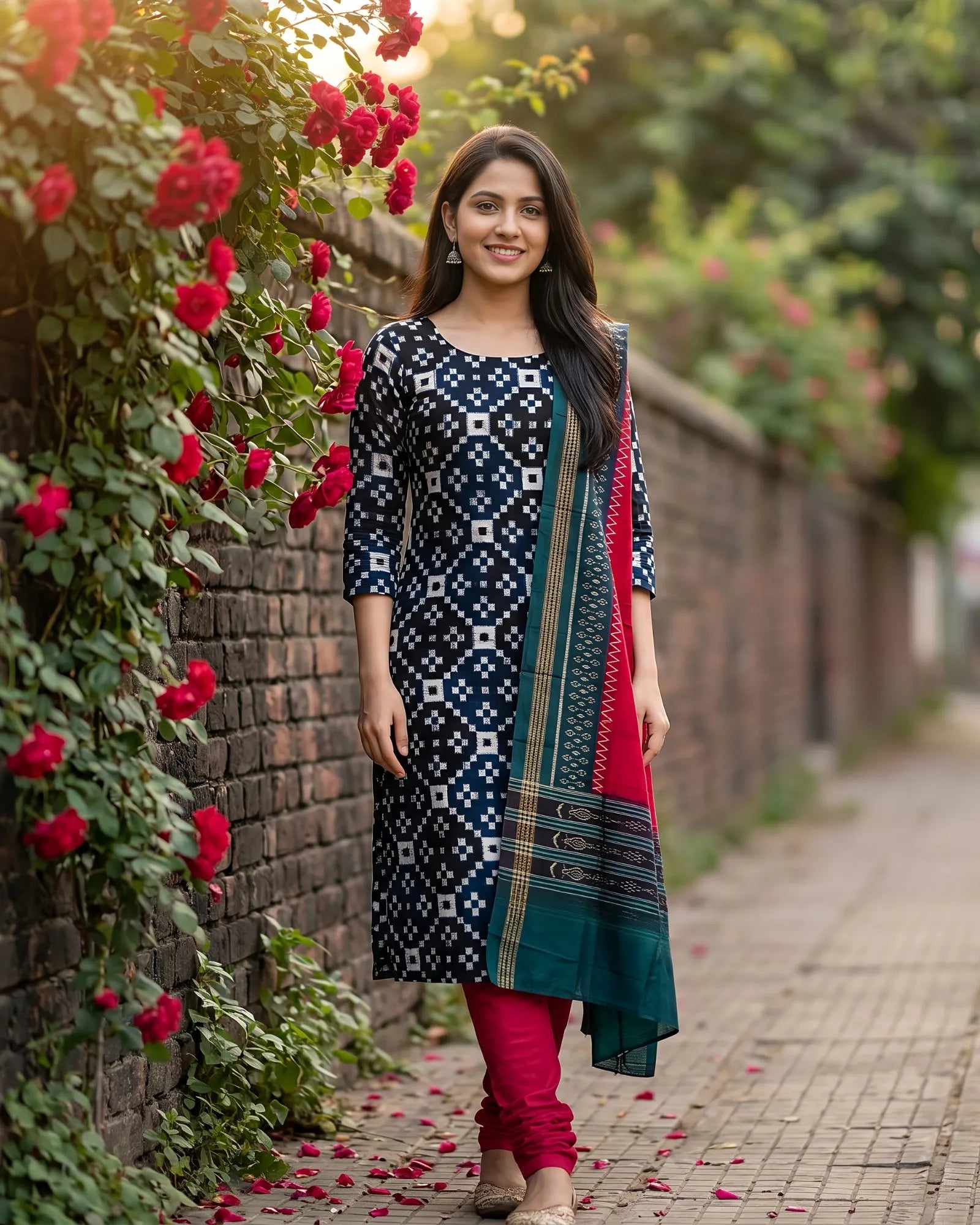 Sambalpuri Pure Cotton | Unstitched Dress Set (3 Pieces) - Blue and Red