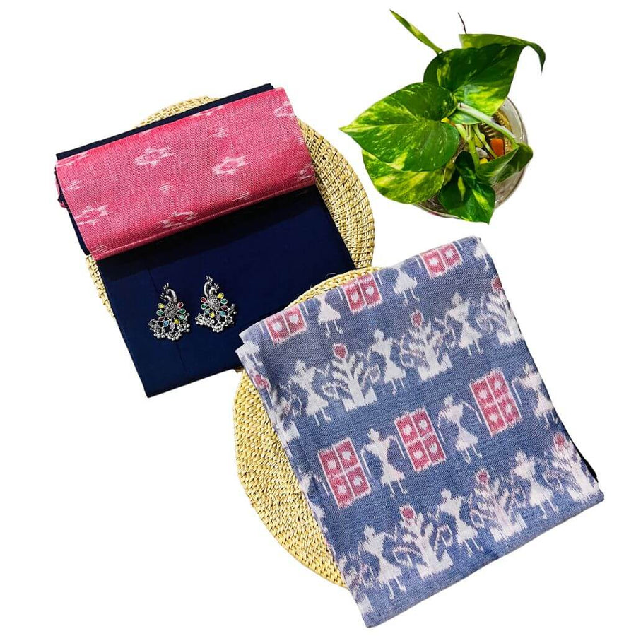 Sambalpuri Pure Cotton | Dress Set (3 Pieces) - Grey and Peach - Taalapatra