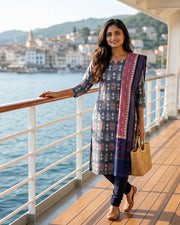 Sambalpuri Pure Cotton | Unstitched Dress Set (3 Pieces) - Grey and Peach
