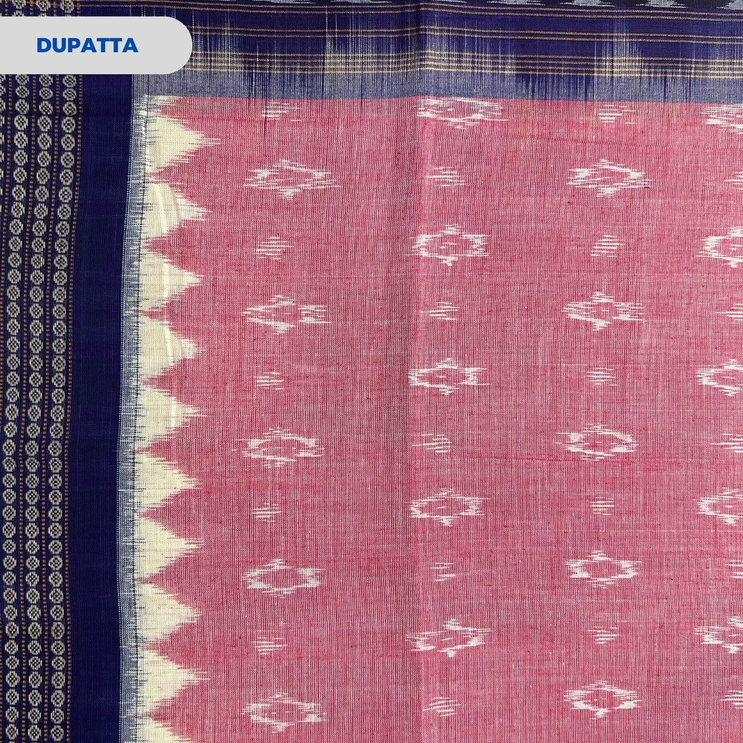 Sambalpuri Pure Cotton | Dress Set (3 Pieces) - Grey and Peach - Taalapatra