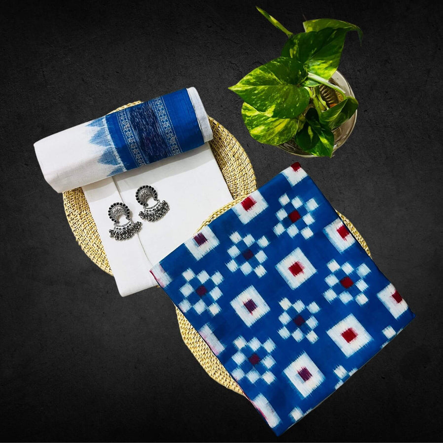 Sambalpuri Pure Cotton | Dress Set (3 Pieces) - Copper Sulphate Blue and White - Taalapatra