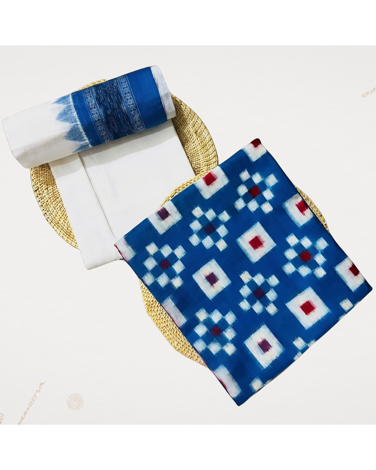 Sambalpuri Pure Cotton | Unstitched Dress Set (3 Pieces) - Copper Sulphate Blue and White