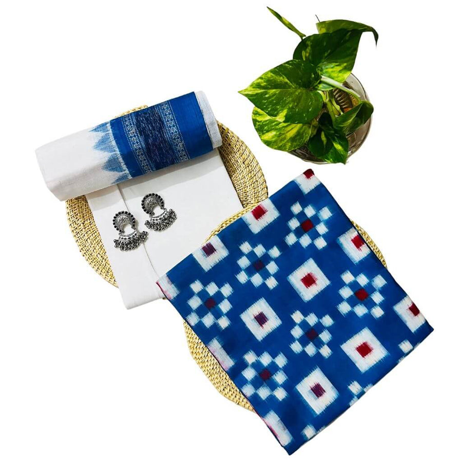 Sambalpuri Pure Cotton | Dress Set (3 Pieces) - Copper Sulphate Blue and White - Taalapatra