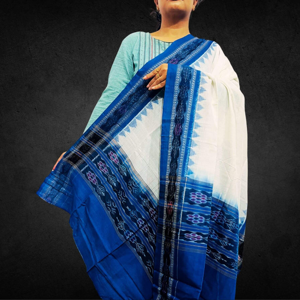 Sambalpuri Pure Cotton | Dress Set (3 Pieces) - Copper Sulphate Blue and White - Taalapatra