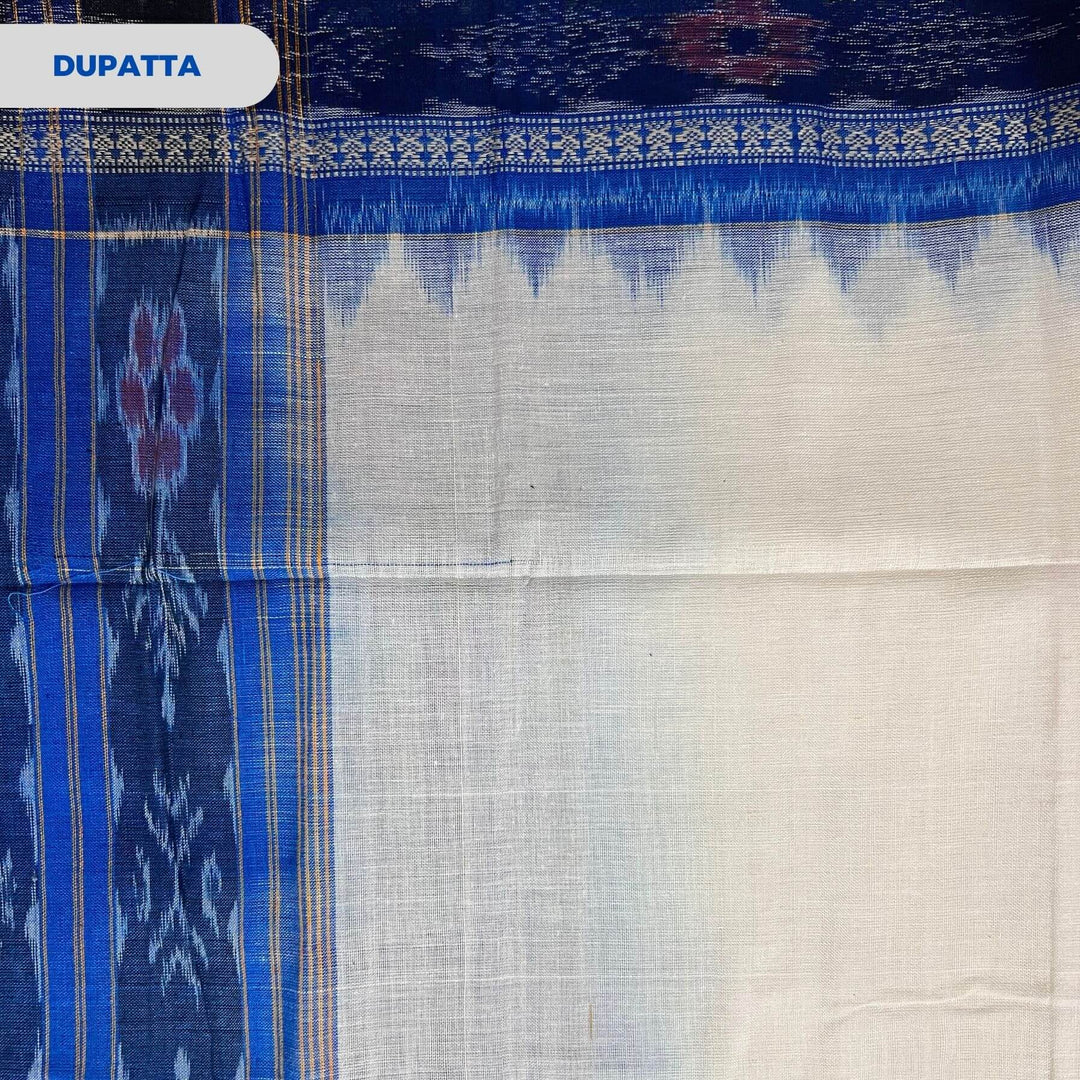 Sambalpuri Pure Cotton | Dress Set (3 Pieces) - Copper Sulphate Blue and White - Taalapatra