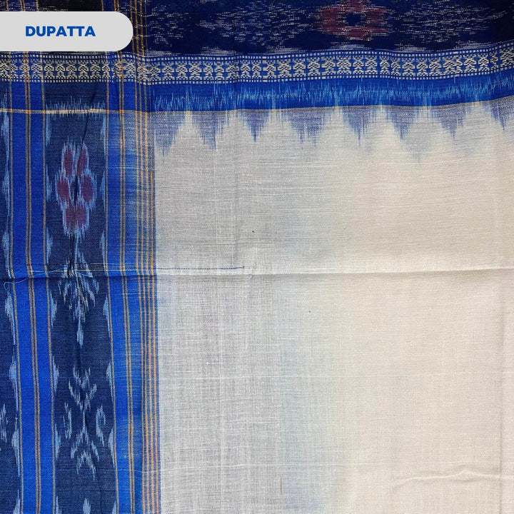 Sambalpuri Pure Cotton | Dress Set (3 Pieces) - Copper Sulphate Blue and White - Taalapatra