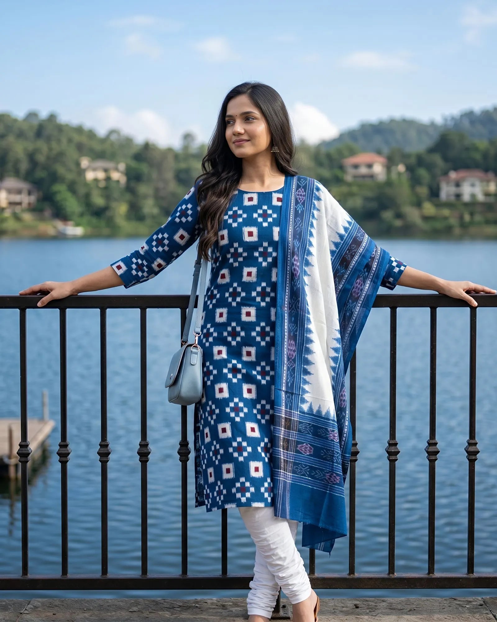 Sambalpuri Pure Cotton | Unstitched Dress Set (3 Pieces) - Copper Sulphate Blue and White