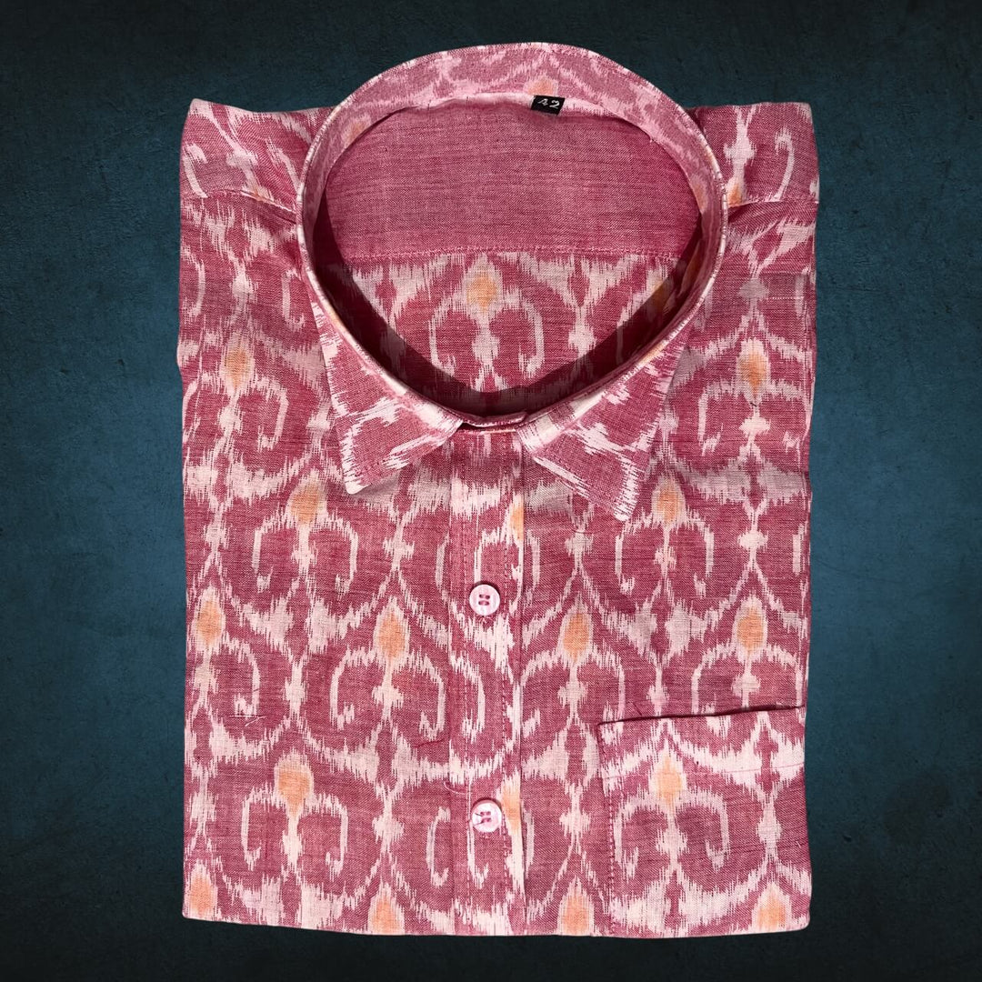 Handwoven Sambalpuri Cotton Men's Half Sleeve Shirt | Peach Colour with Ikat Design - 42" - Taalapatra