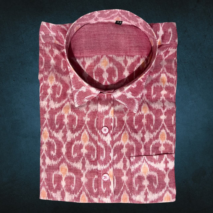 Handwoven Sambalpuri Cotton Men's Half Sleeve Shirt | Peach Colour with Ikat Design - 42" - Taalapatra