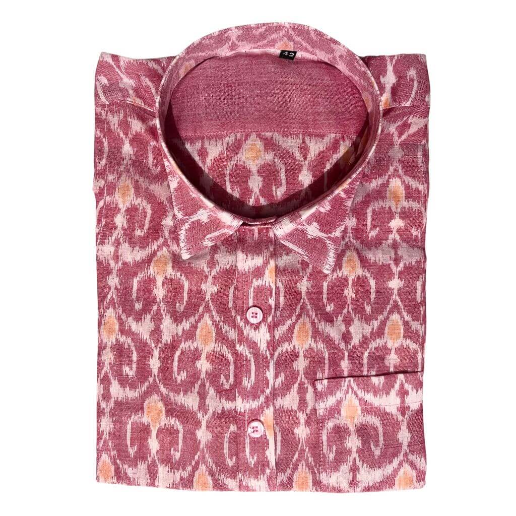 Handwoven Sambalpuri Cotton Men's Half Sleeve Shirt | Peach Colour with Ikat Design - 42" - Taalapatra