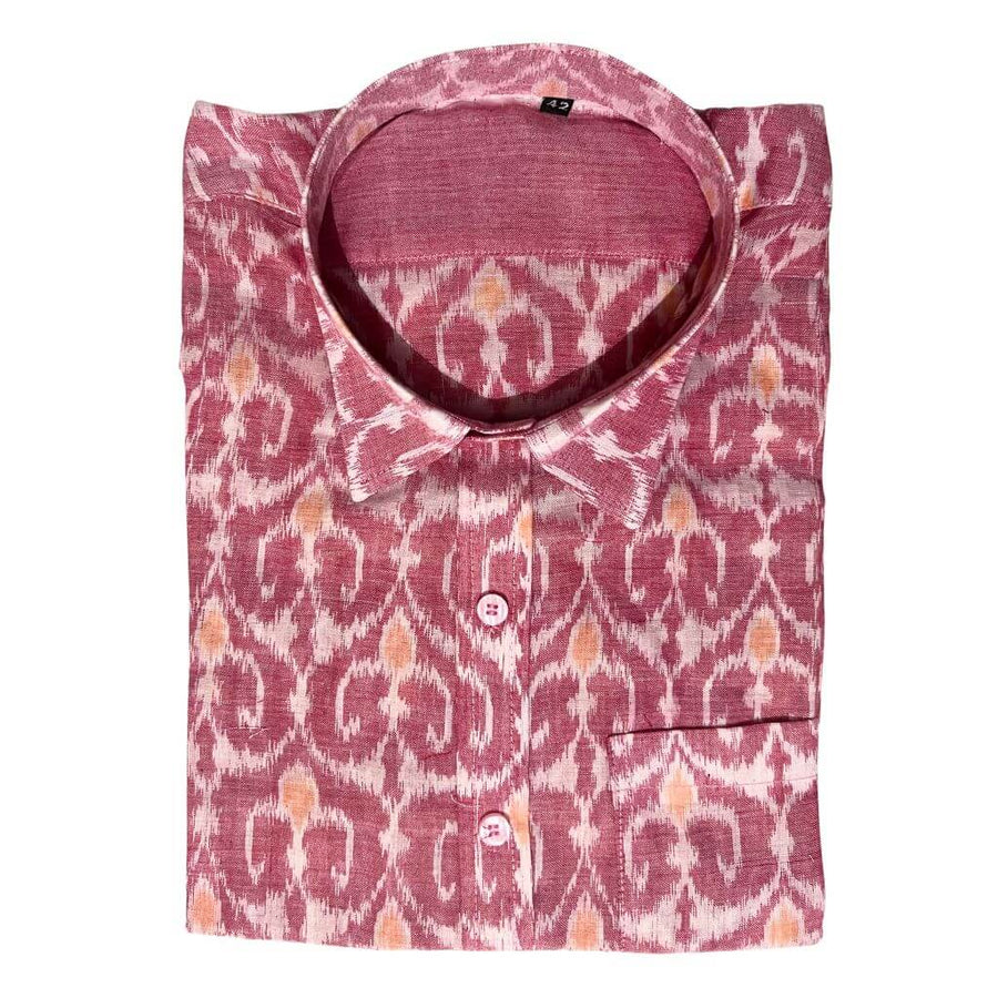 Handwoven Sambalpuri Cotton Men's Half Sleeve Shirt | Peach Colour with Ikat Design - 42" - Taalapatra