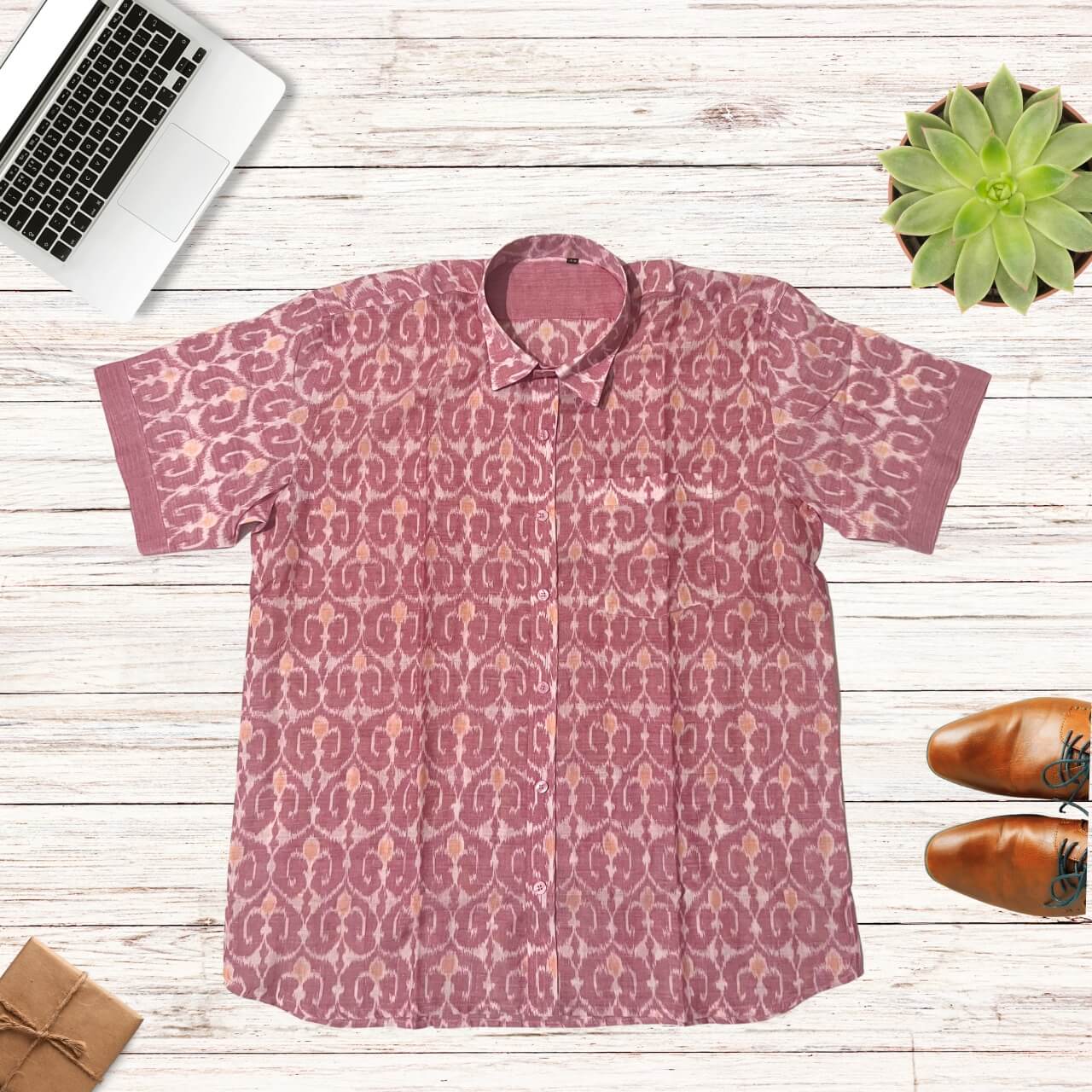 Handwoven Sambalpuri Cotton Men's Half Sleeve Shirt | Peach Colour with Ikat Design - 42