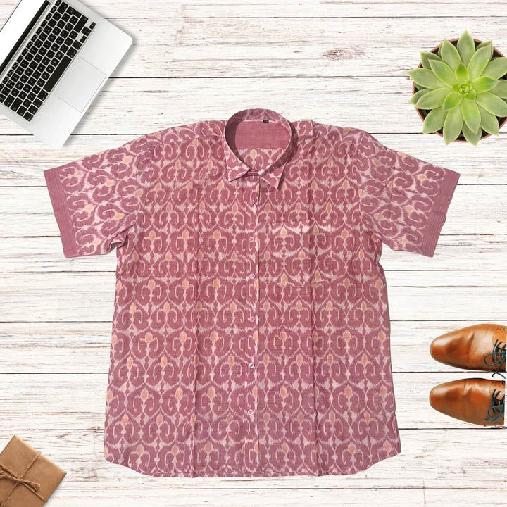 Handwoven Sambalpuri Cotton Men's Half Sleeve Shirt | Peach Colour with Ikat Design - 42" - Taalapatra