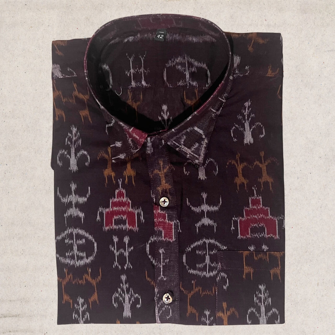 Handwoven Sambalpuri Cotton Men's Half Sleeve Shirt | Dark Coffee Colour with Tribal Design - 42" - Taalapatra