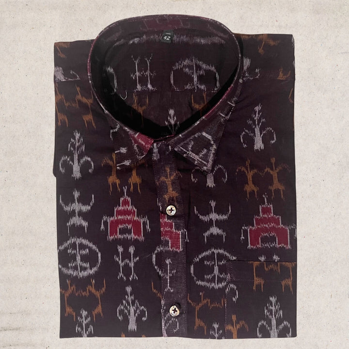 Handwoven Sambalpuri Cotton Men's Half Sleeve Shirt | Dark Coffee Colour with Tribal Design - 42" - Taalapatra