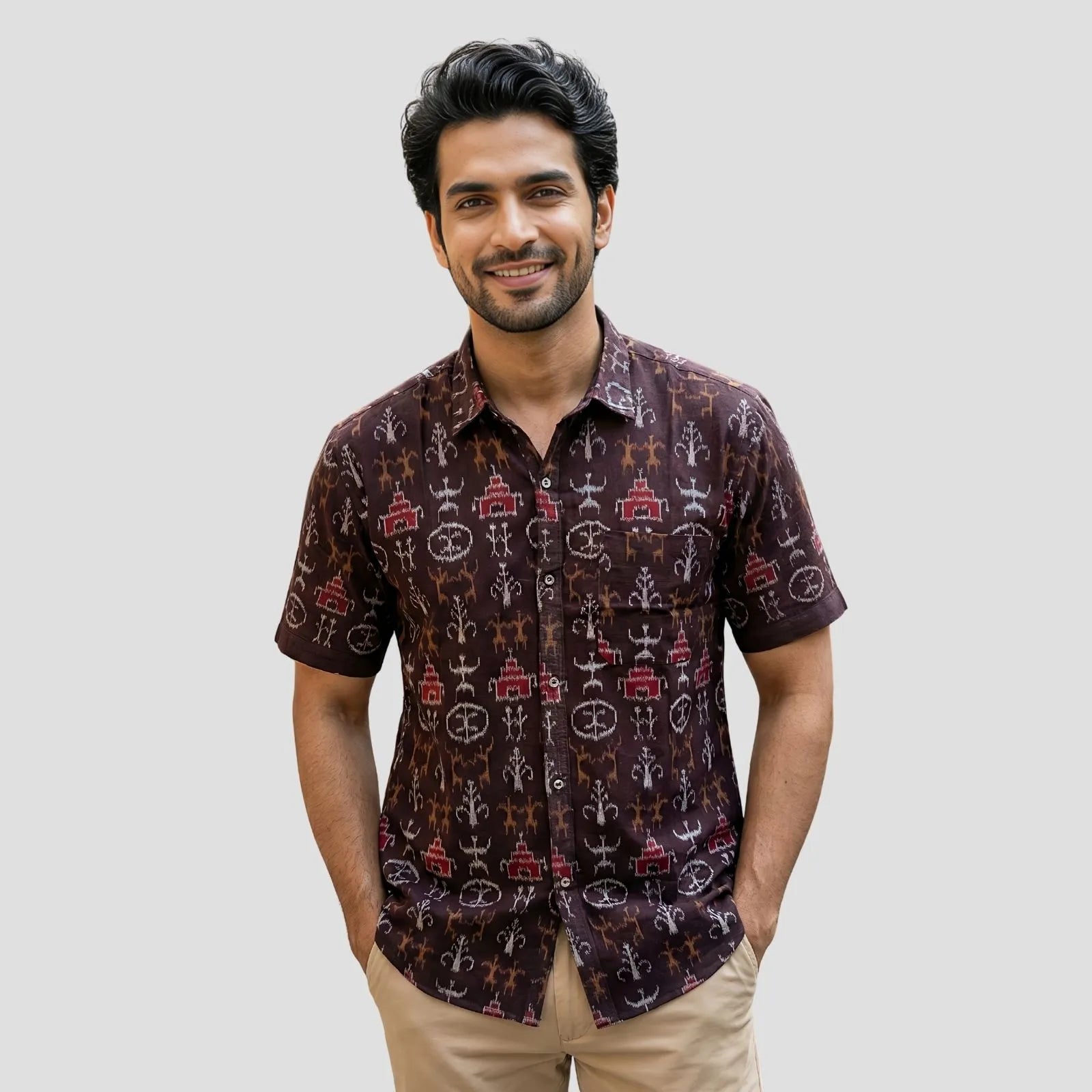 Handwoven Sambalpuri Cotton Men's Half Sleeve Shirt | Dark Coffee Colour with Tribal Design