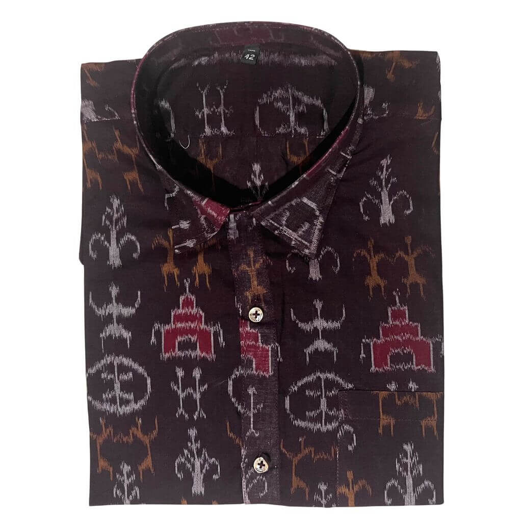 Handwoven Sambalpuri Cotton Men's Half Sleeve Shirt | Dark Coffee Colour with Tribal Design - 42" - Taalapatra