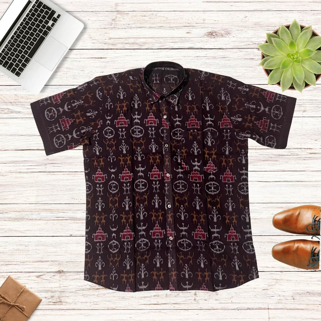 Handwoven Sambalpuri Cotton Men's Half Sleeve Shirt | Dark Coffee Colour with Tribal Design - 42" - Taalapatra