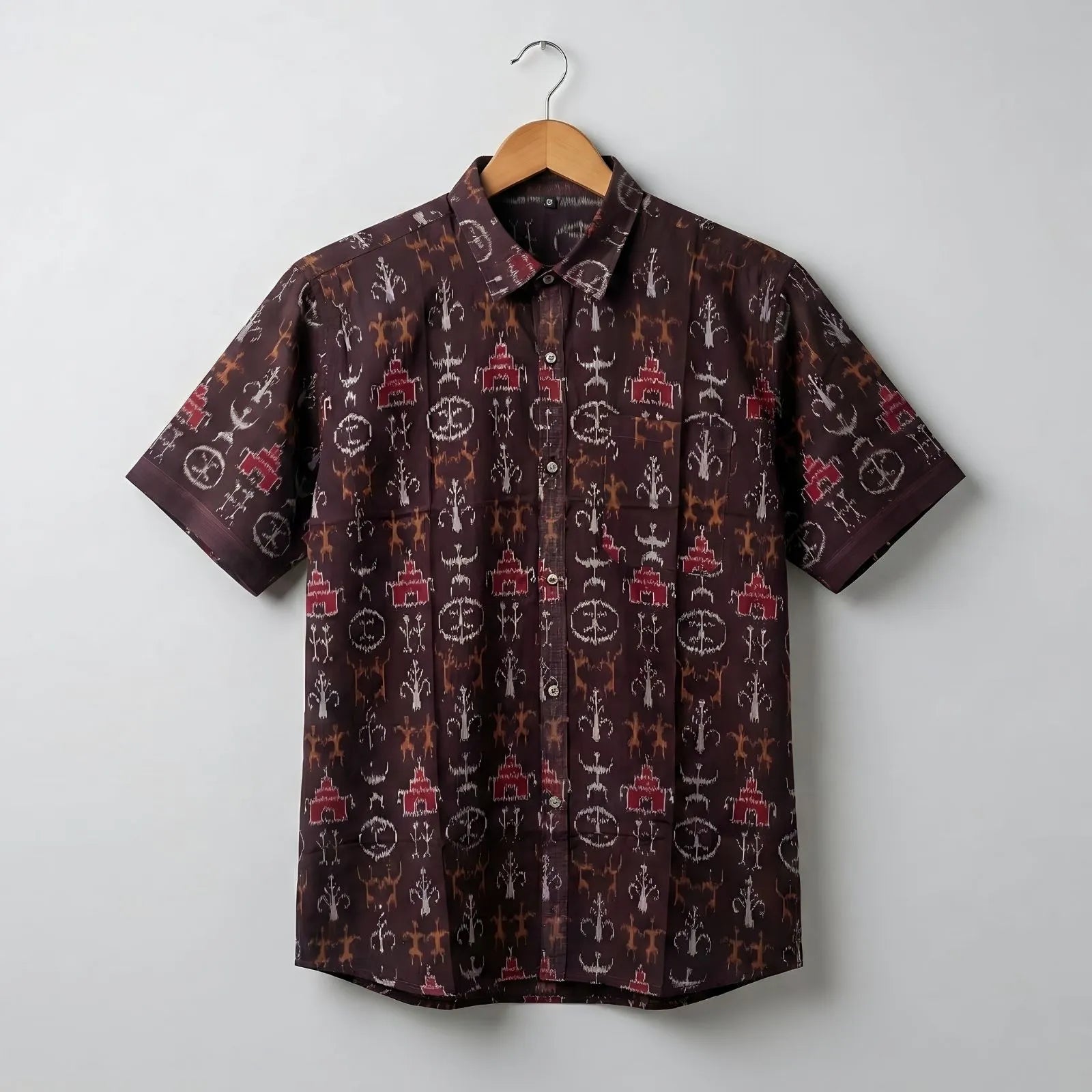 Handwoven Sambalpuri Cotton Men's Half Sleeve Shirt | Dark Coffee Colour with Tribal Design