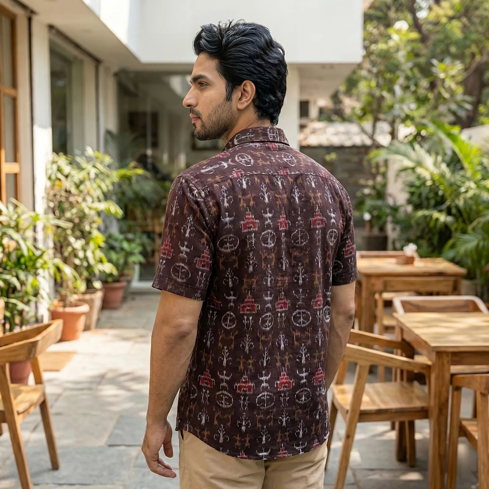 Handwoven Sambalpuri Cotton Men's Half Sleeve Shirt | Dark Coffee Colour with Tribal Design