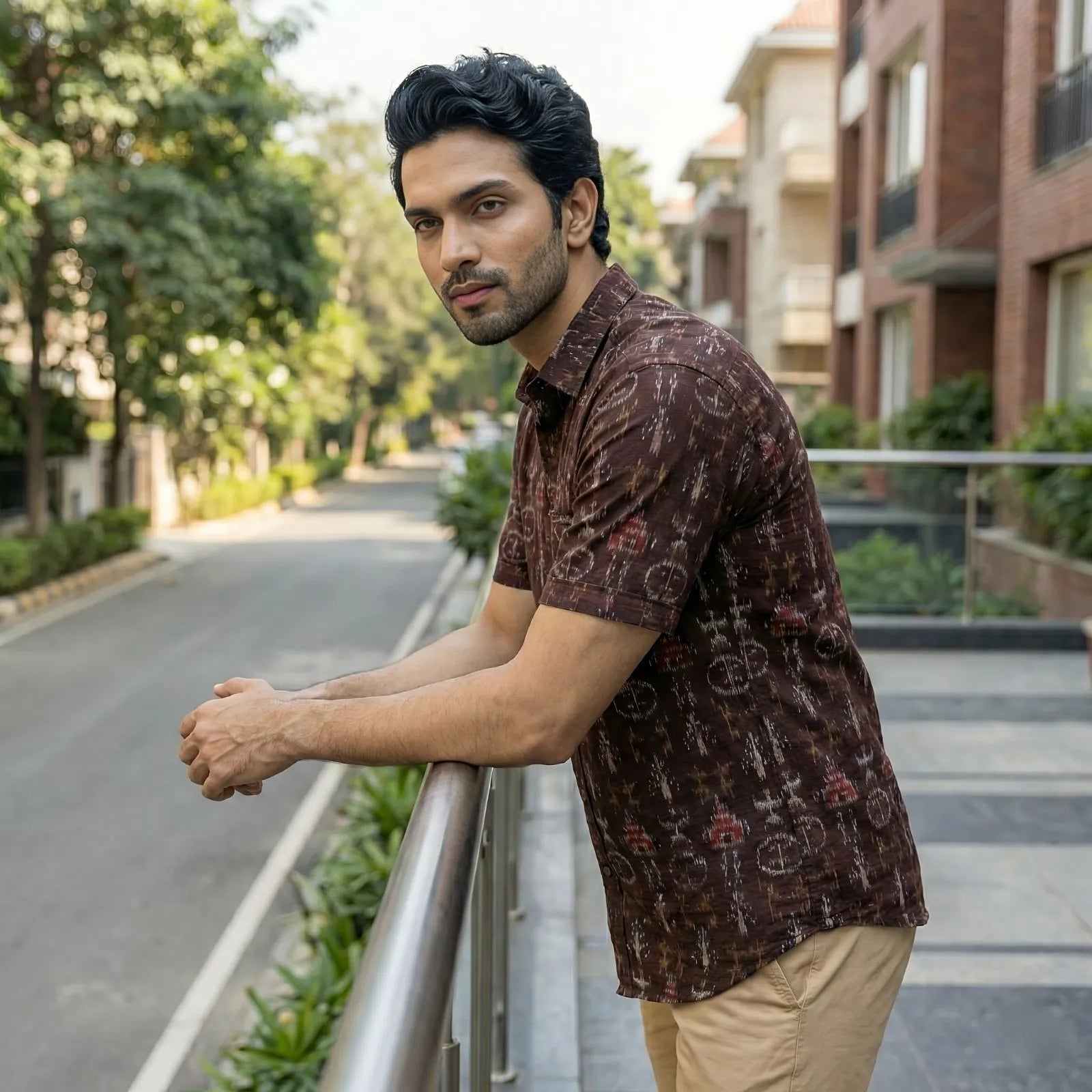 Handwoven Sambalpuri Cotton Men's Half Sleeve Shirt | Dark Coffee Colour with Tribal Design