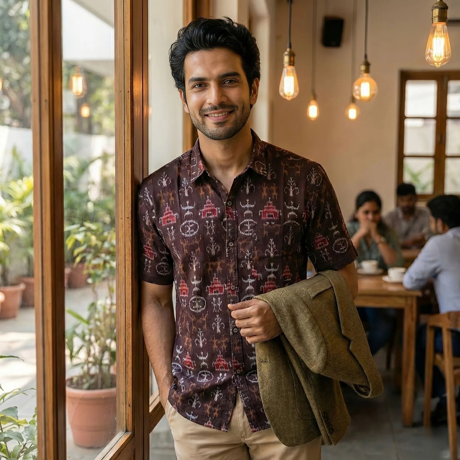 Handwoven Sambalpuri Cotton Men's Half Sleeve Shirt | Dark Coffee Colour with Tribal Design