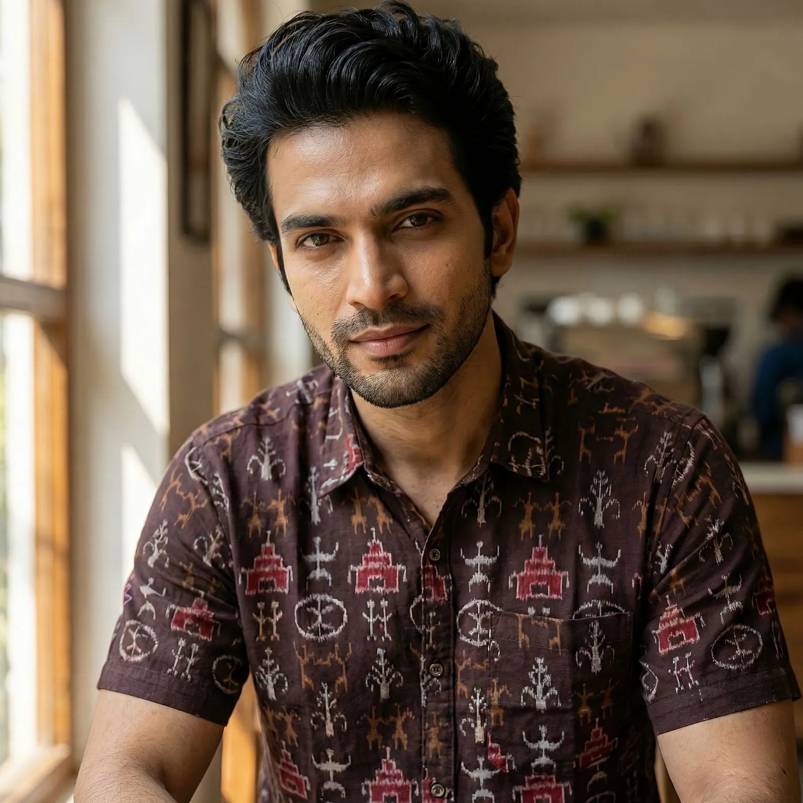 Handwoven Sambalpuri Cotton Men's Half Sleeve Shirt | Dark Coffee Colour with Tribal Design