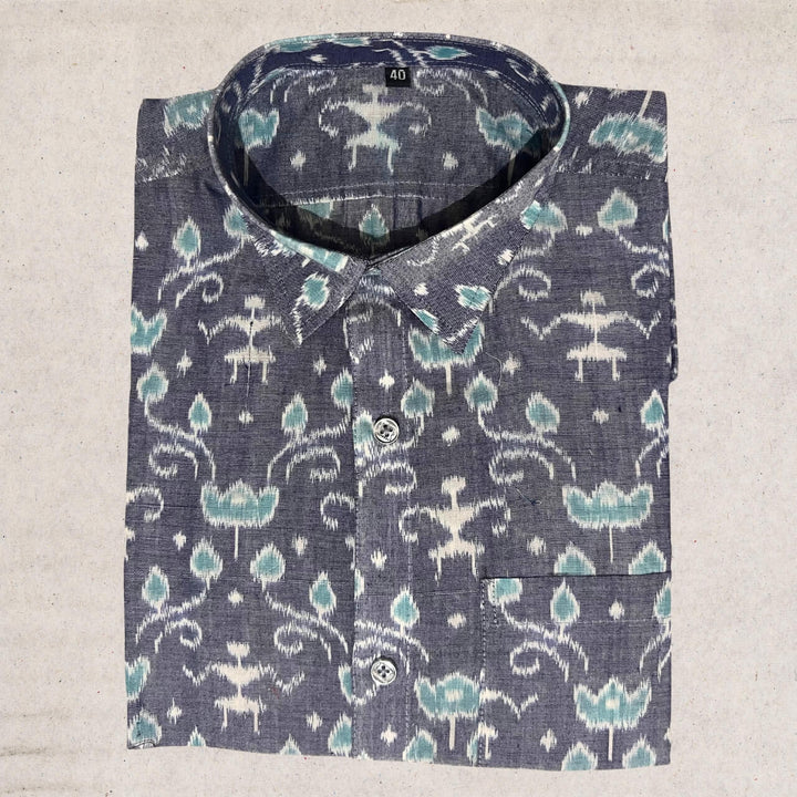 Handwoven Sambalpuri Cotton Men's Half Sleeve Shirt | Grey Colour with Floral Design - 40" - Taalapatra