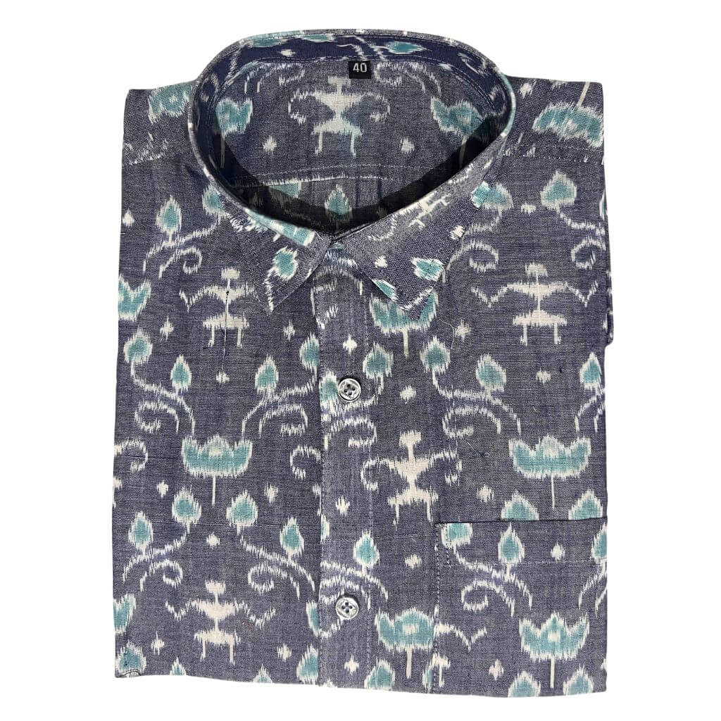 Handwoven Sambalpuri Cotton Men's Half Sleeve Shirt | Grey Colour with Floral Design - 40" - Taalapatra