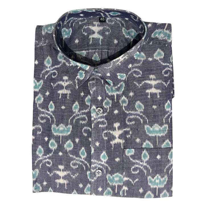 Handwoven Sambalpuri Cotton Men's Half Sleeve Shirt | Grey Colour with Floral Design - 40" - Taalapatra