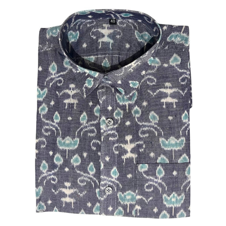 Handwoven Sambalpuri Cotton Men's Half Sleeve Shirt | Grey Colour with Floral Design - 40" - Taalapatra