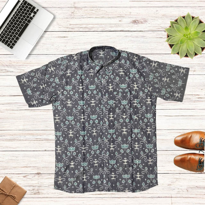 Handwoven Sambalpuri Cotton Men's Half Sleeve Shirt | Grey Colour with Floral Design - 40" - Taalapatra