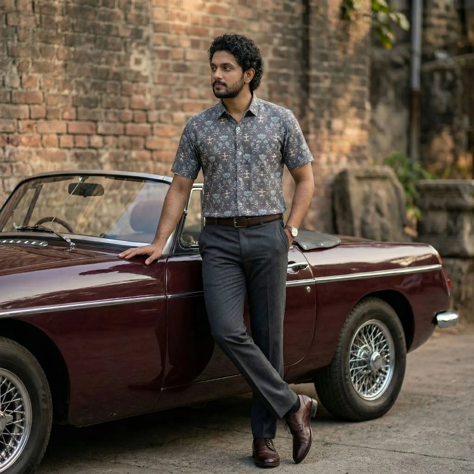 Handwoven Sambalpuri Cotton Men's Half Sleeve Shirt | Grey Colour with Floral Design