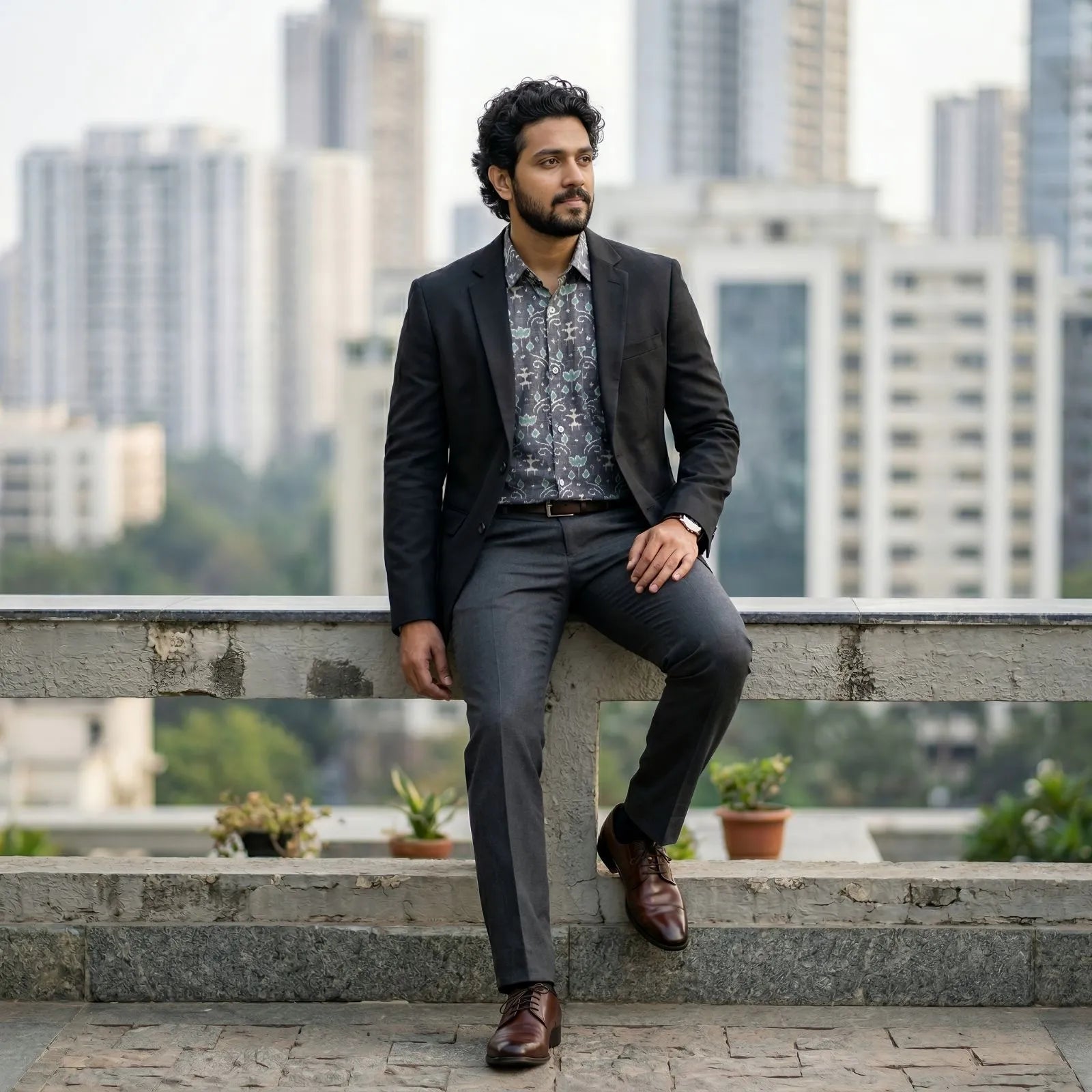 Handwoven Sambalpuri Cotton Men's Half Sleeve Shirt | Grey Colour with Floral Design